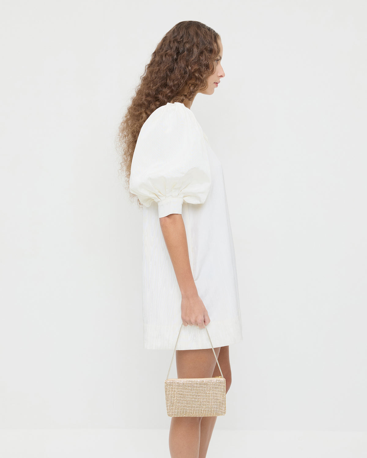 Yara Gold Diamanté Flat Clutch in gold diamanté and Willy Mini Dress in white moiré.