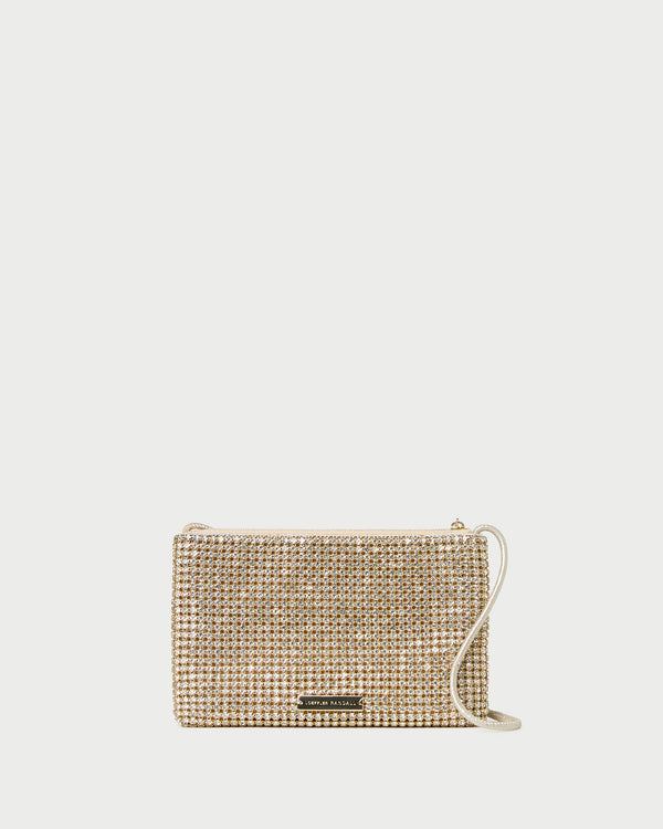 Yara Gold Diamanté Flat Clutch in gold diamanté.