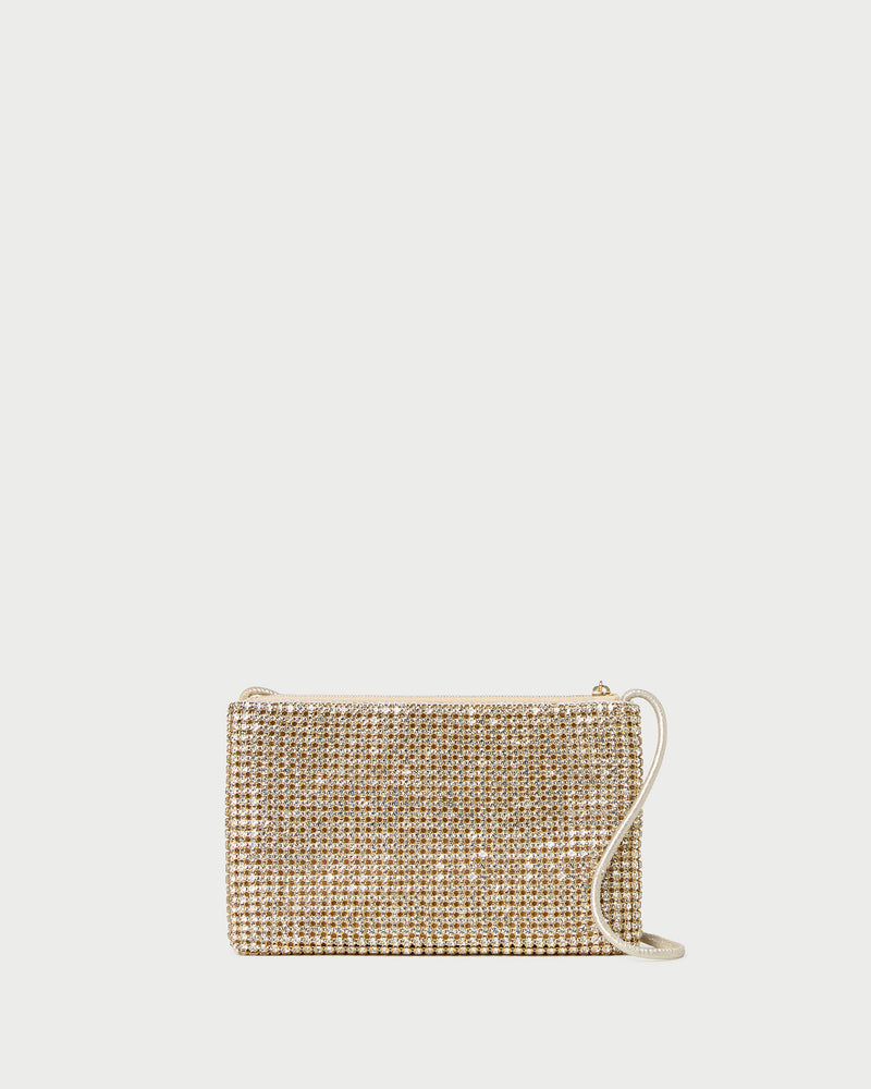 Yara Gold Diamanté Flat Clutch in gold diamanté.