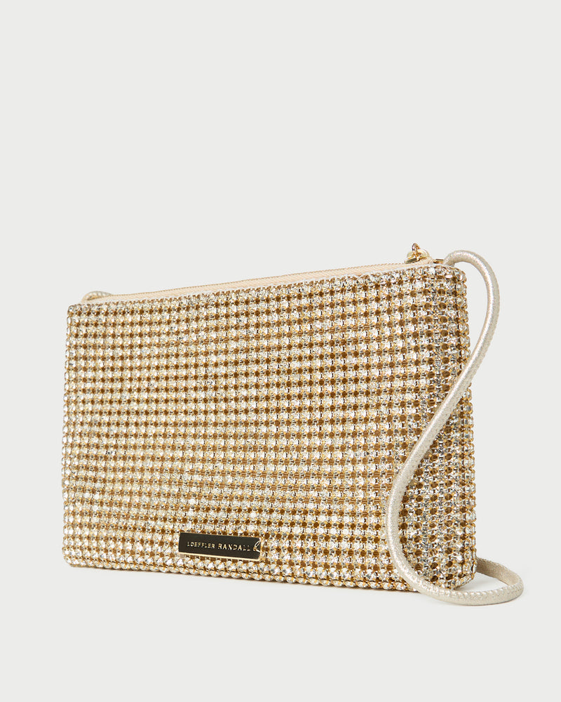 Yara Gold Diamanté Flat Clutch in gold diamanté.