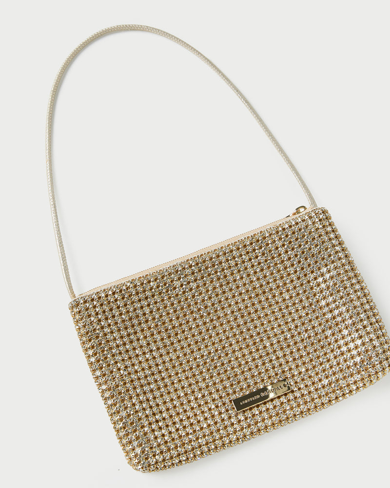 Yara Gold Diamanté Flat Clutch in gold diamanté.