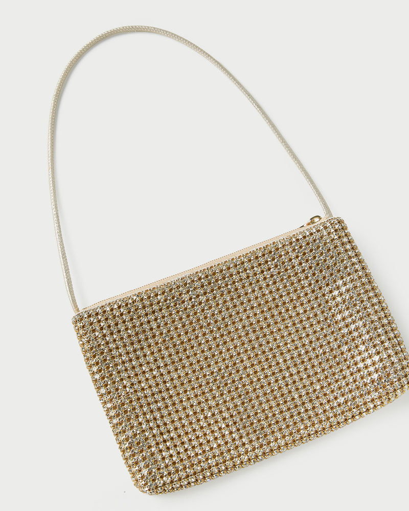 Yara Gold Diamanté Flat Clutch in gold diamanté.