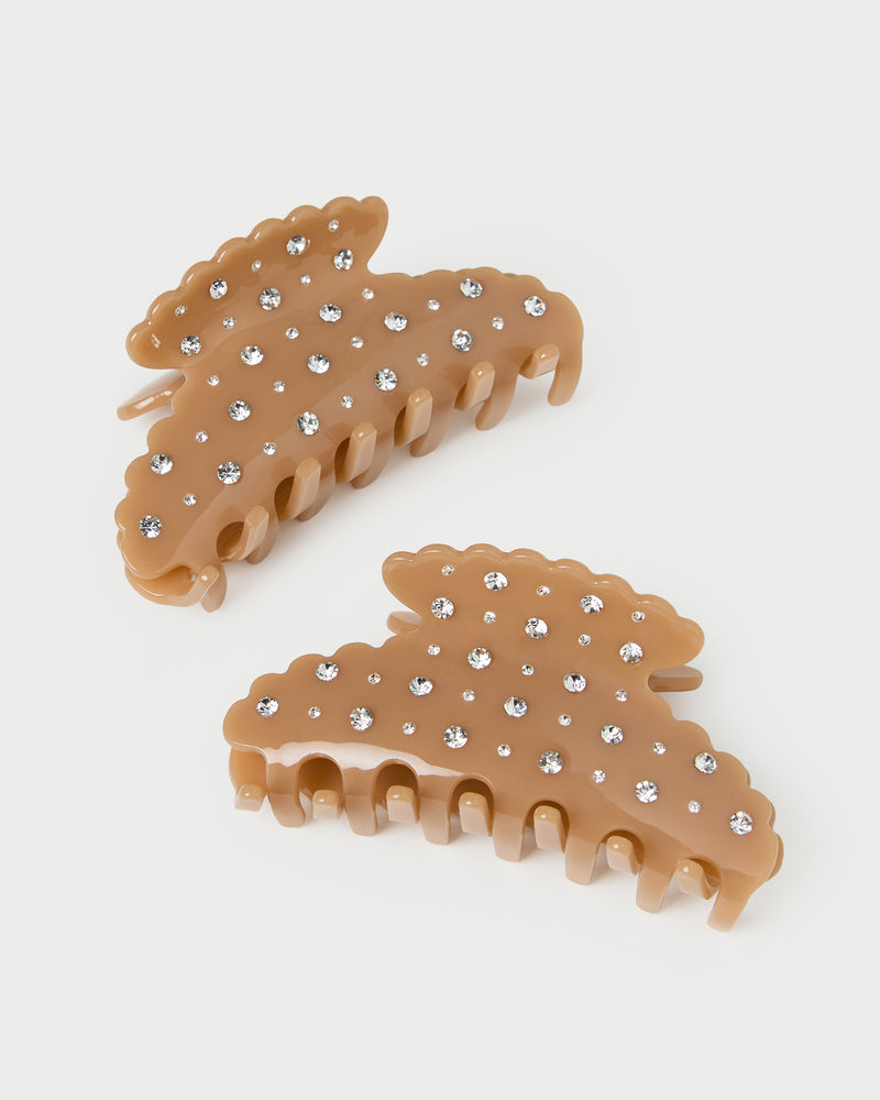 Yuri Tan/Crystal Hair Clip Set in tan resin.