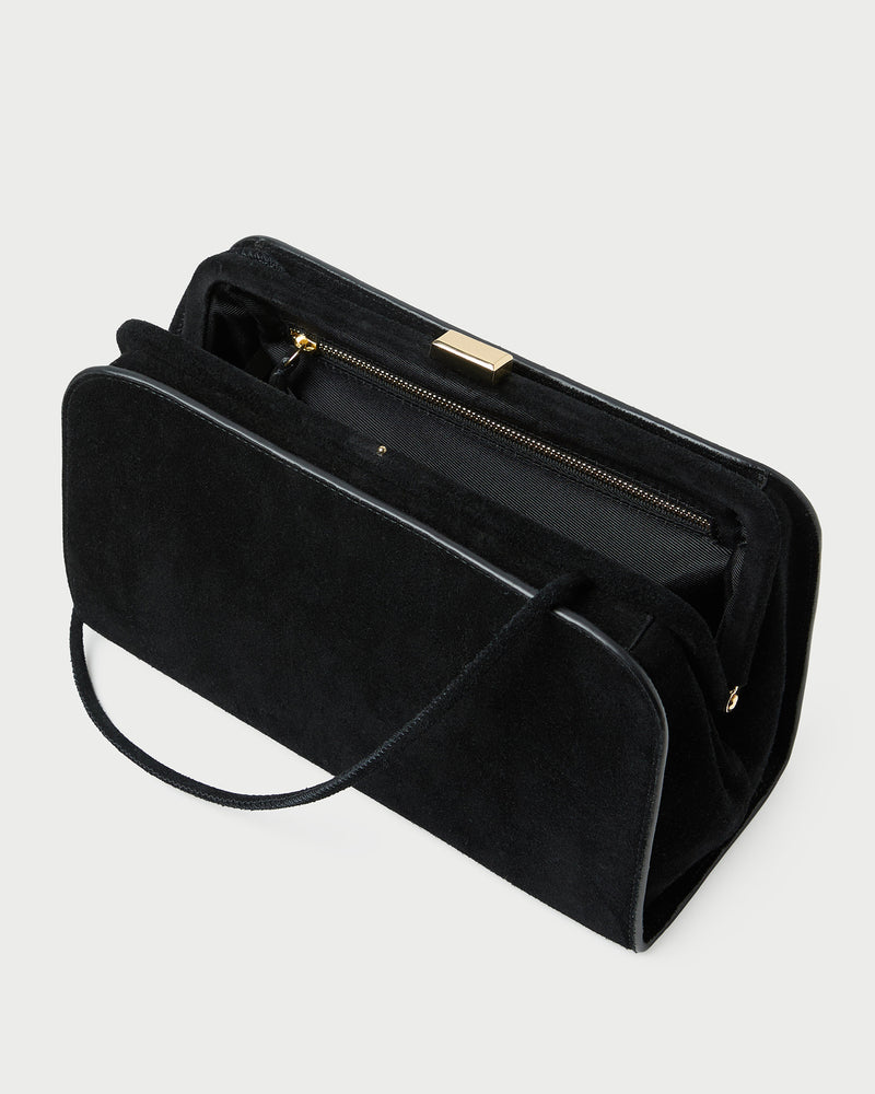 Zella Black Suede Clutch in black split suede.