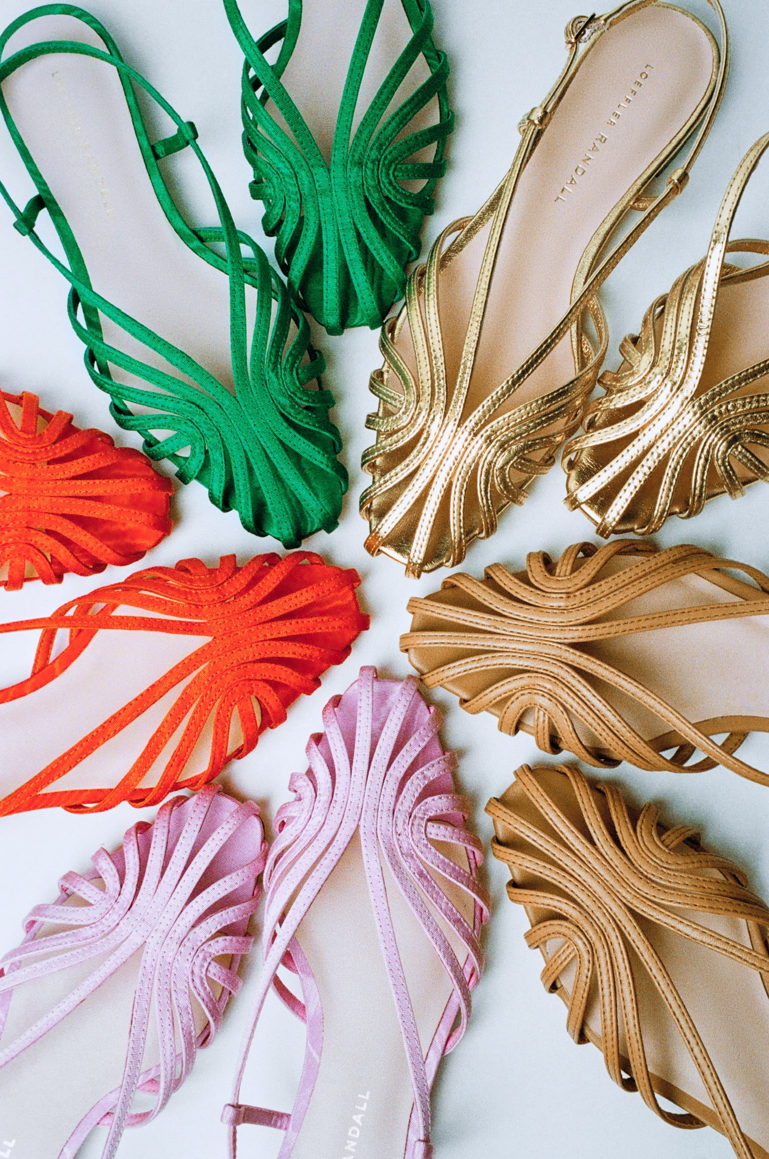 Devon Pink Moiré Slingback Sandal, Devon Red Moiré Slingback Sandal, Devon Green Moiré Slingback Sandal, Devon Gold Slingback Sandal, and Devon Dune Slingback Sandal - Loeffler Randall