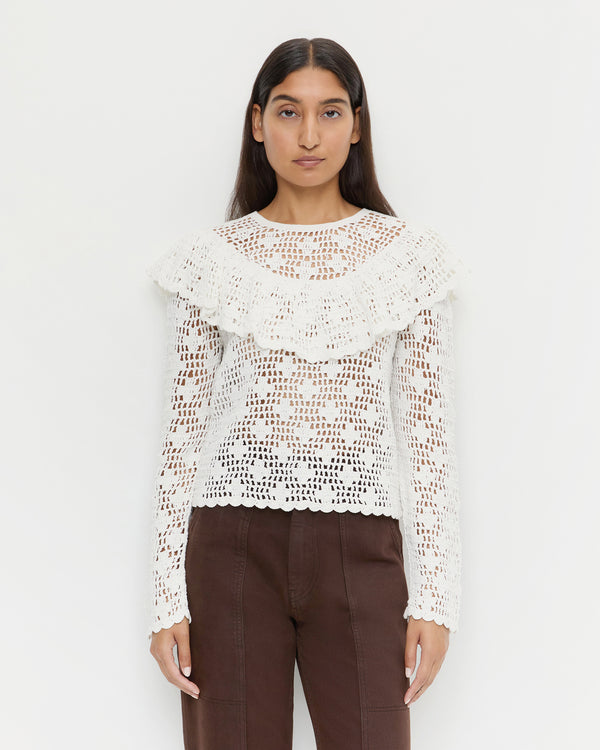 Abigail Top in hand crocheted cream cotton and Molly Workwear Jean in dark brown denim.
