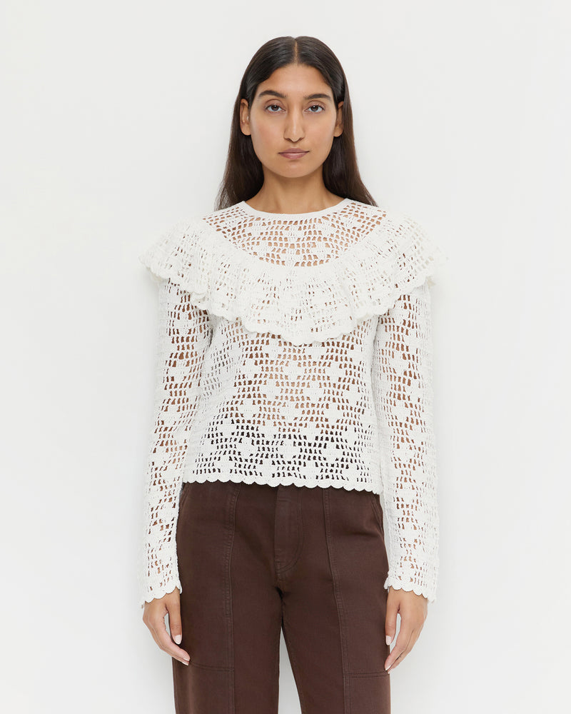 Abigail Top in hand crocheted cream cotton and Molly Workwear Jean in dark brown denim.