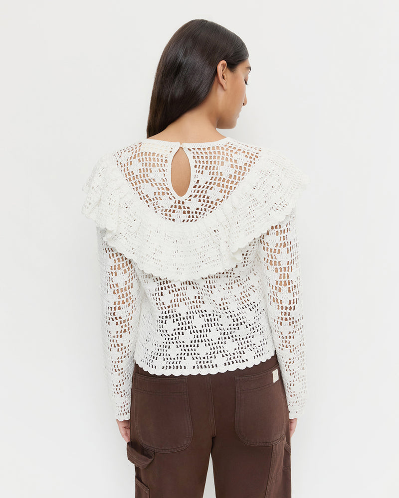 Abigail Top in hand crocheted cream cotton and Molly Workwear Jean in dark brown denim.