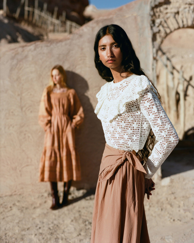 Abigail Top in hand crocheted cream cotton and Peyton Skirt in light brown  cotton.