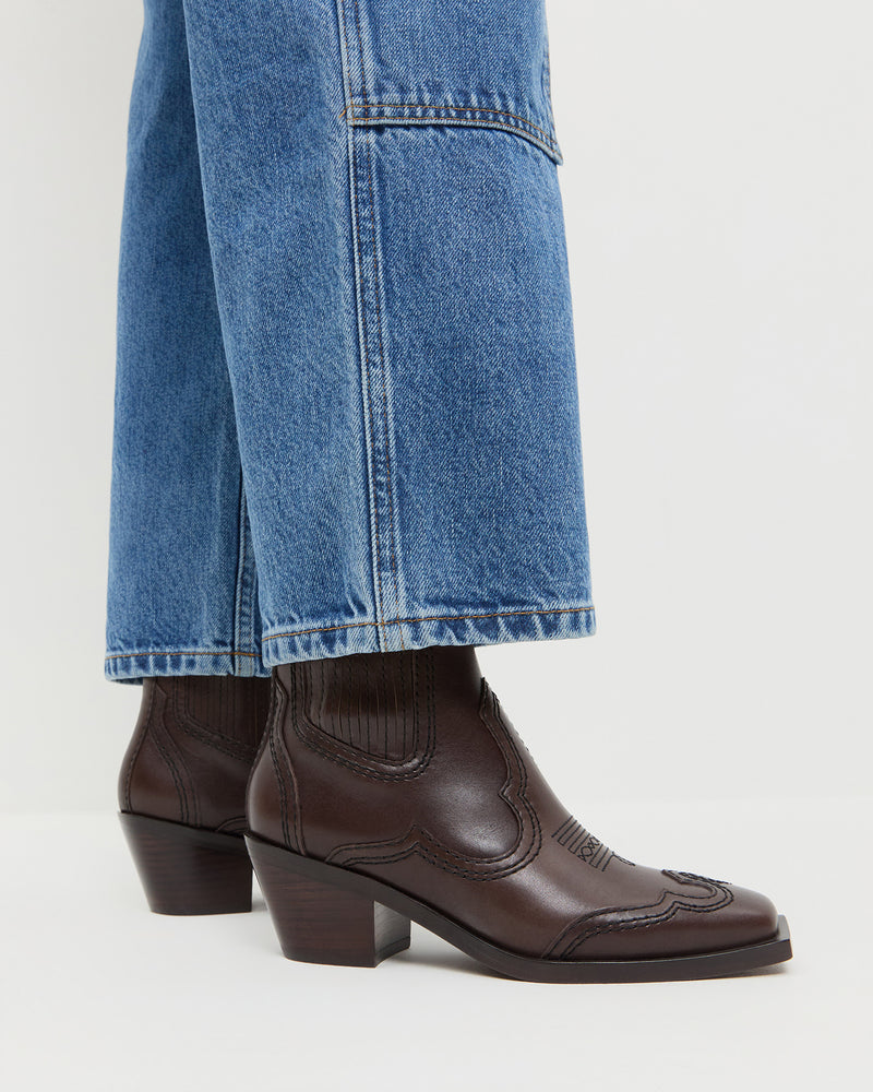Agnes Brown Leather Western Boot and Molly Workwear Jean in medium wash denim.