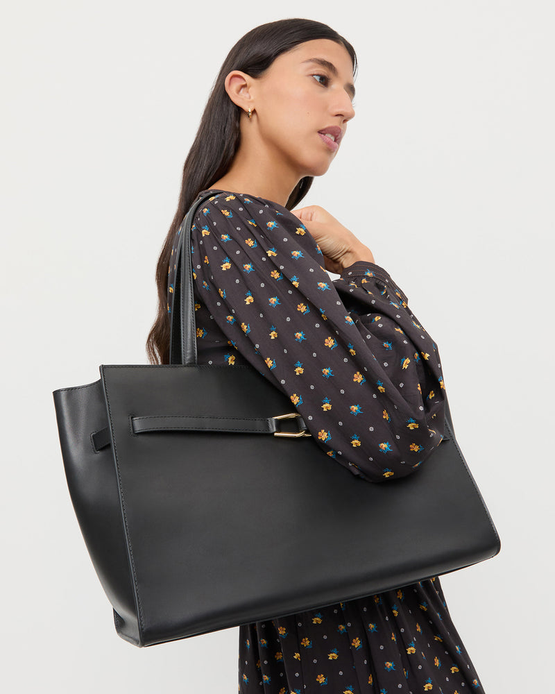 Aidan Black Leather Work Tote and Lilibeth Dress.