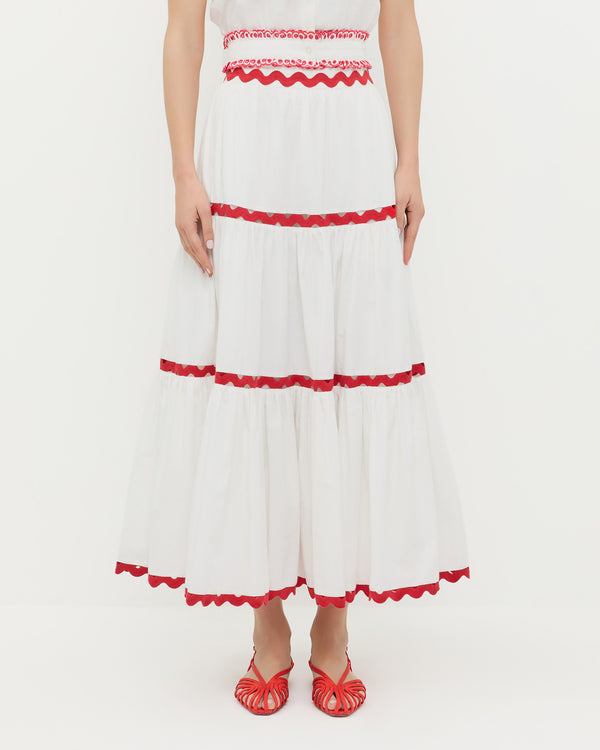 Aimee Skirt in white cotton with red accents and Devon Red Moiré Slingback Sandal.