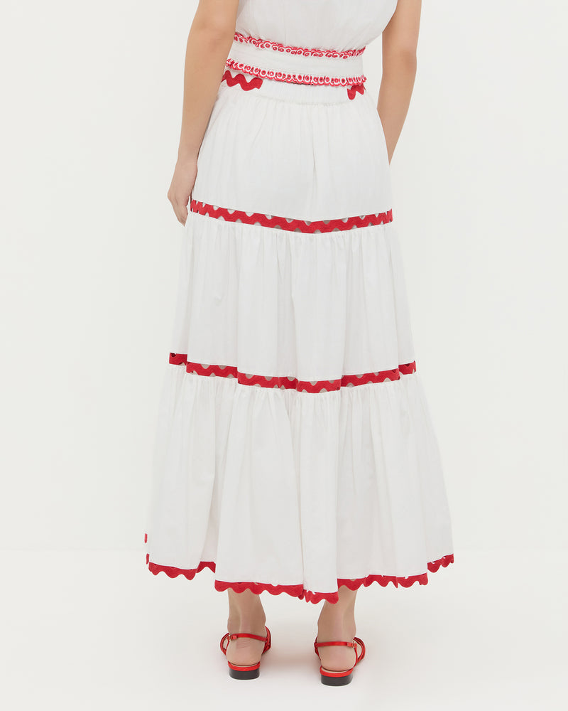 Aimee Skirt in white cotton with red accents and Devon Red Moiré Slingback Sandal.