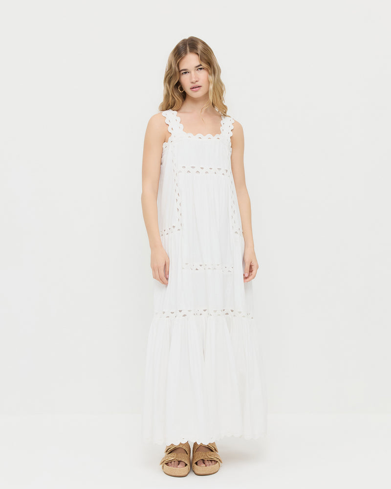 Alison Camisole Dress in white cotton poplin and Nico Natural Two-Band Sandal.