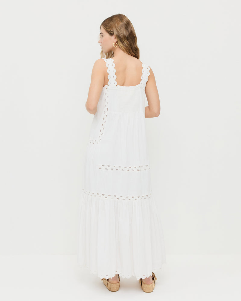Alison Camisole Dress in white cotton poplin and Nico Natural Two-Band Sandal.