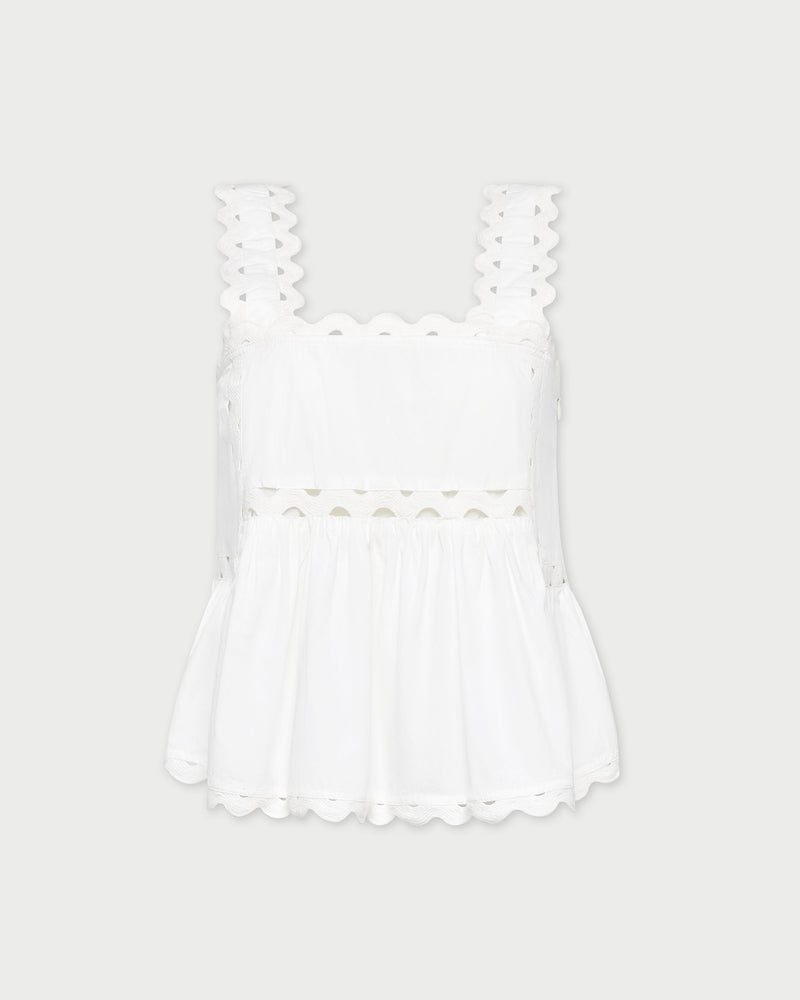 Alyssa Lace Sleeveless Peplum Top in White.