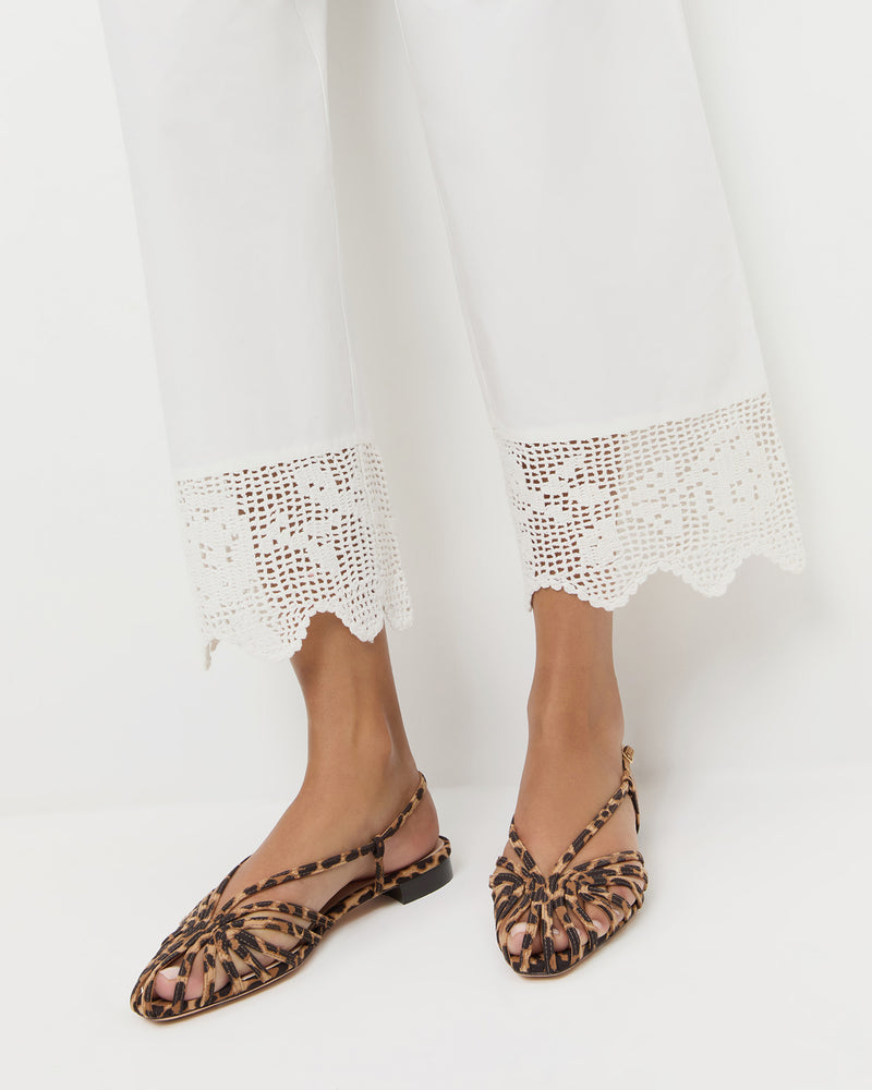 Amani Pant in white cotton and Devon Leopard Slingback Sandal.