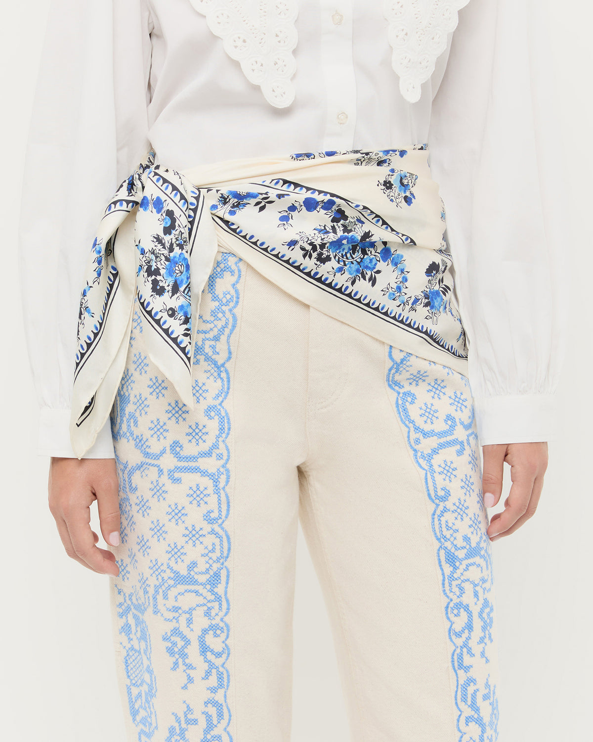 Beverly Cream/Blue Silk Scarf, Ken Top in white cotton, and Molly Workwear Pant in natural cotton with blue embroidery.