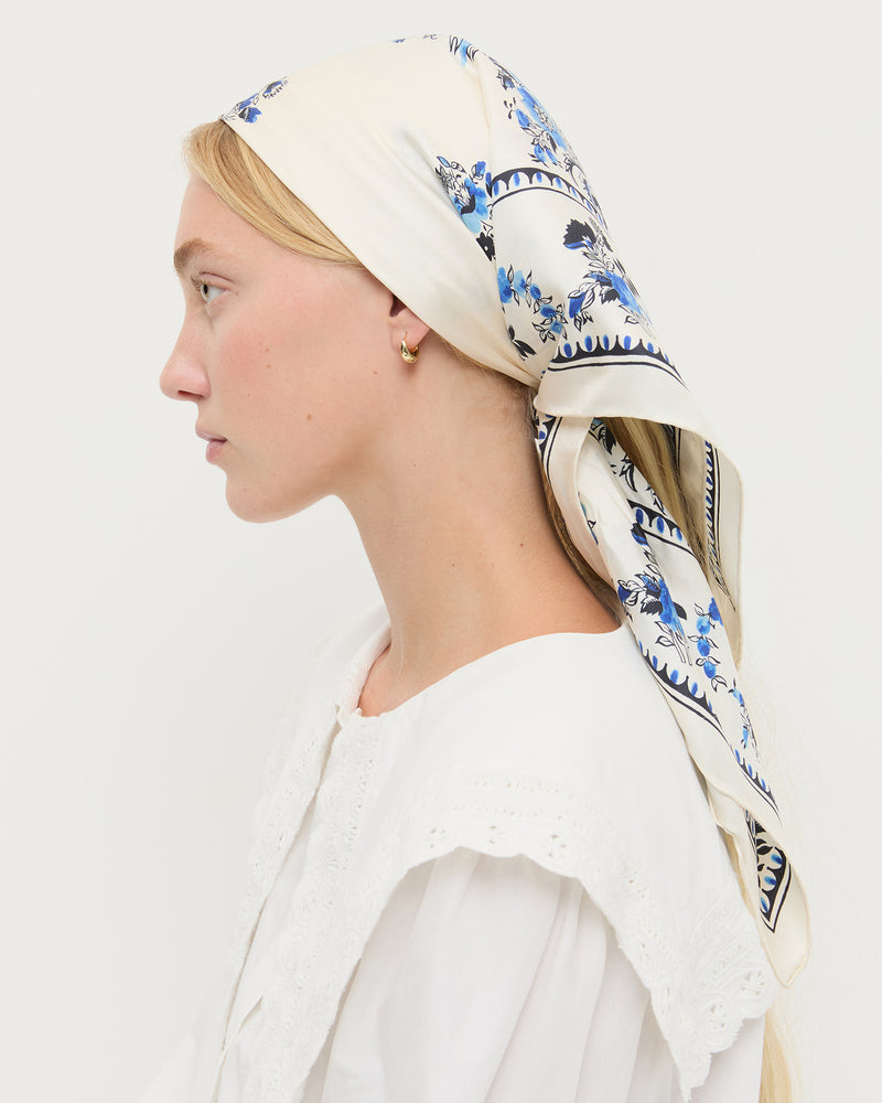 Beverly Cream/Blue Silk Scarf and Ken Top in white cotton.