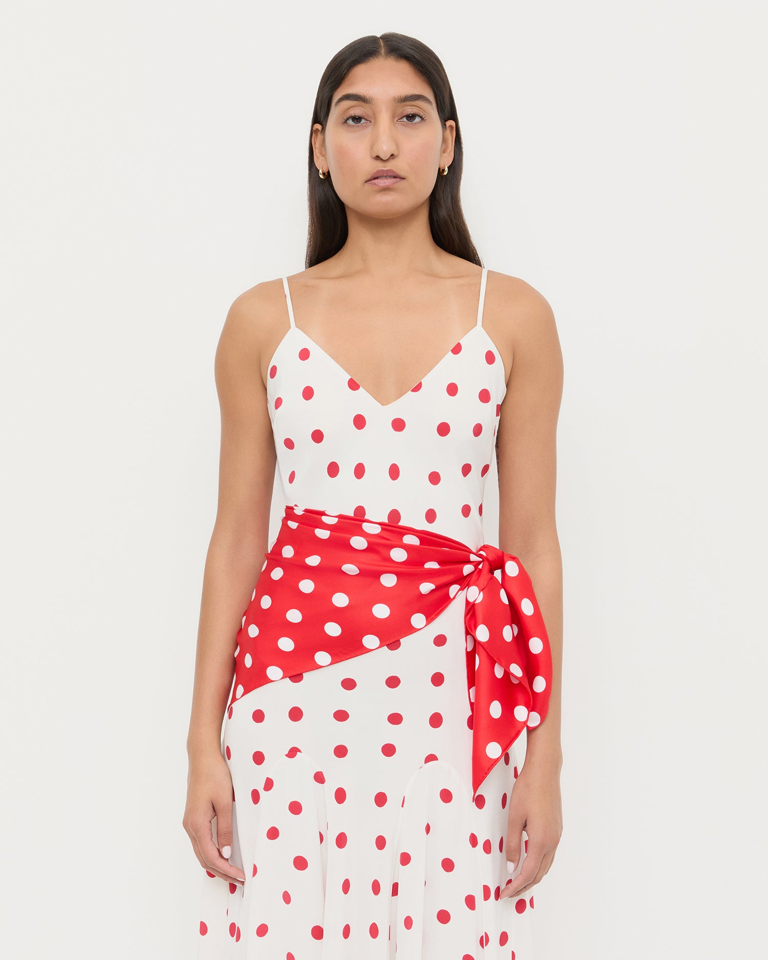 red dress with white scarf Women's Red Woven Asymmetric Scarf Detail Mini Dress