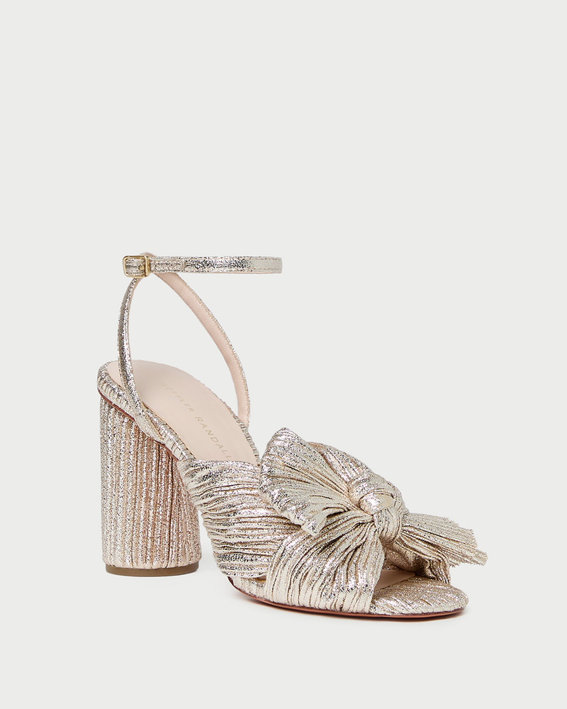 Camellia Champagne Pleated Bow Heel in champagne Italian lamé.