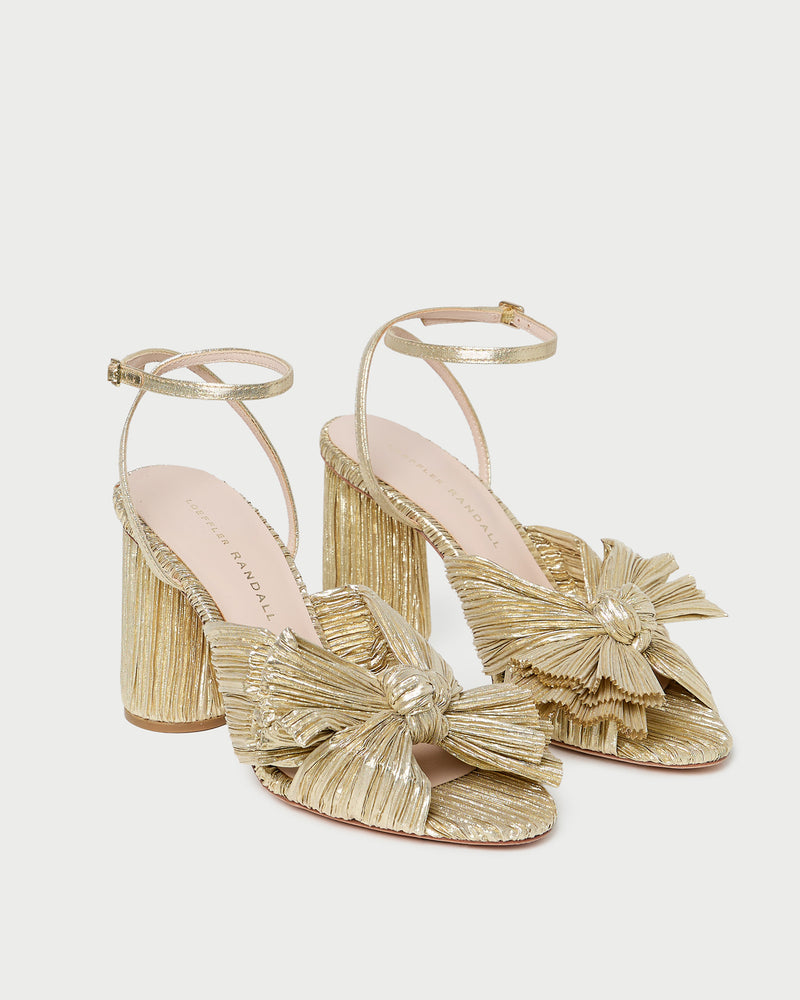 Camellia Gold Pleated Bow Heel in gold lamé.