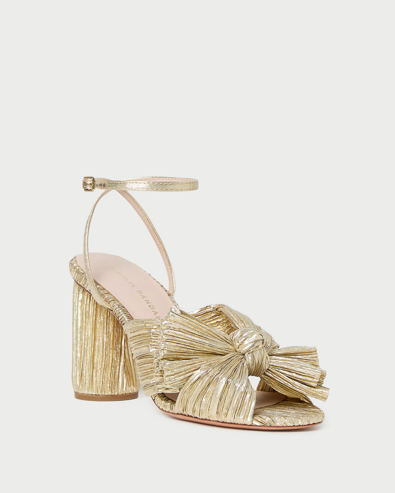 Camellia Gold Pleated Bow Heel in gold lamé.