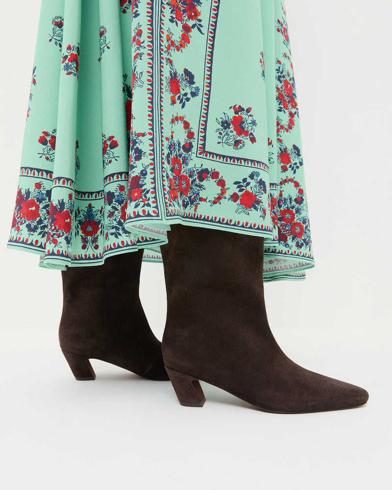 Cleo Brown Suede Mid-Calf Boot in brown suede and Emily Dress.