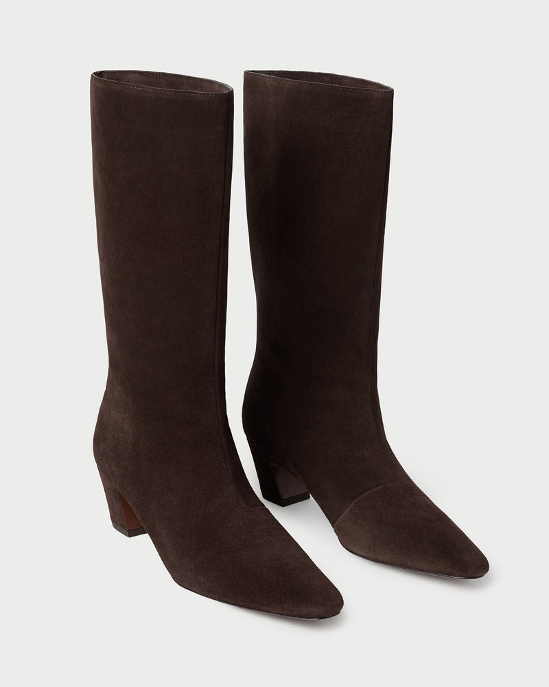 Cleo Brown Suede Mid-Calf Boot in brown suede.