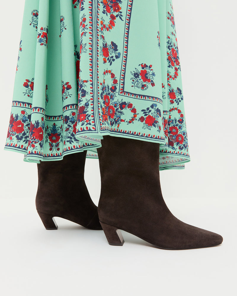 Cleo Brown Suede Mid-Calf Boot in brown suede and Emily Dress in mint silk.