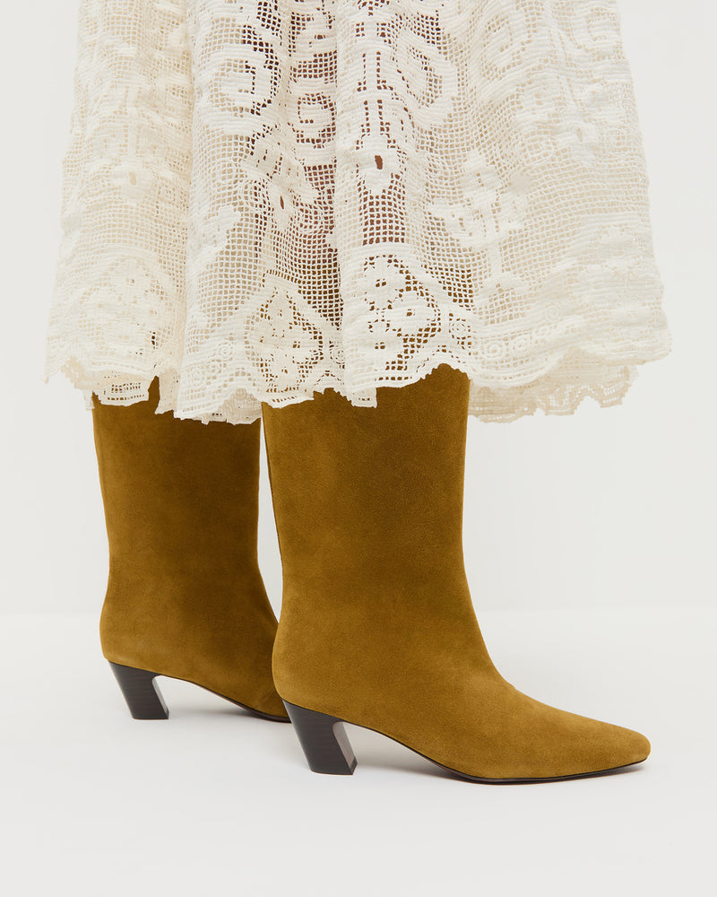 Cleo Moss Suede Mid-Calf Boot and Jo Puff-Sleeve Dress.