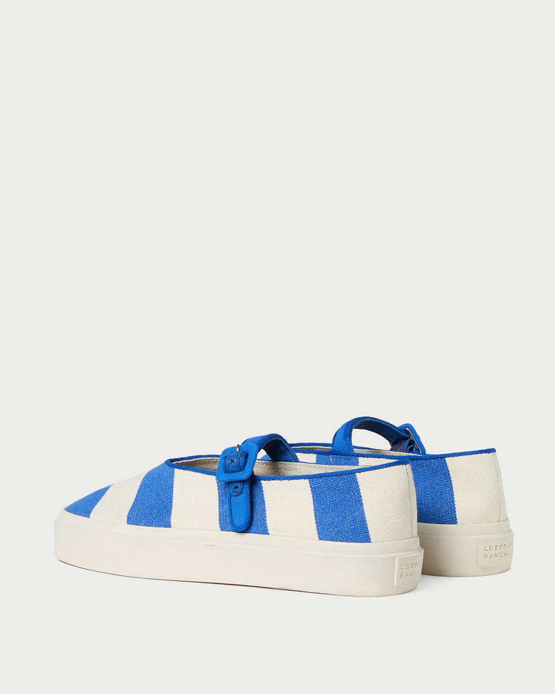 Cooper Blue Striped Mary Jane Sneaker in blue and cream striped canvas.
