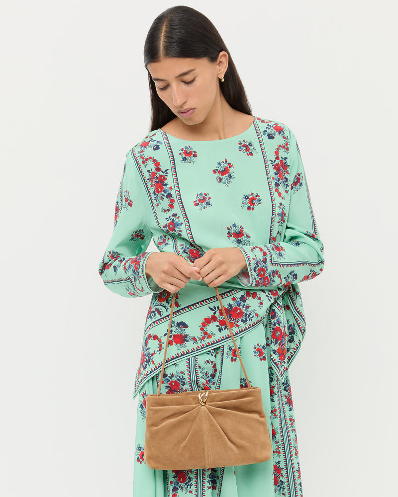 Corrine Toffee Suede Gathered Clutch and Emily Dress.