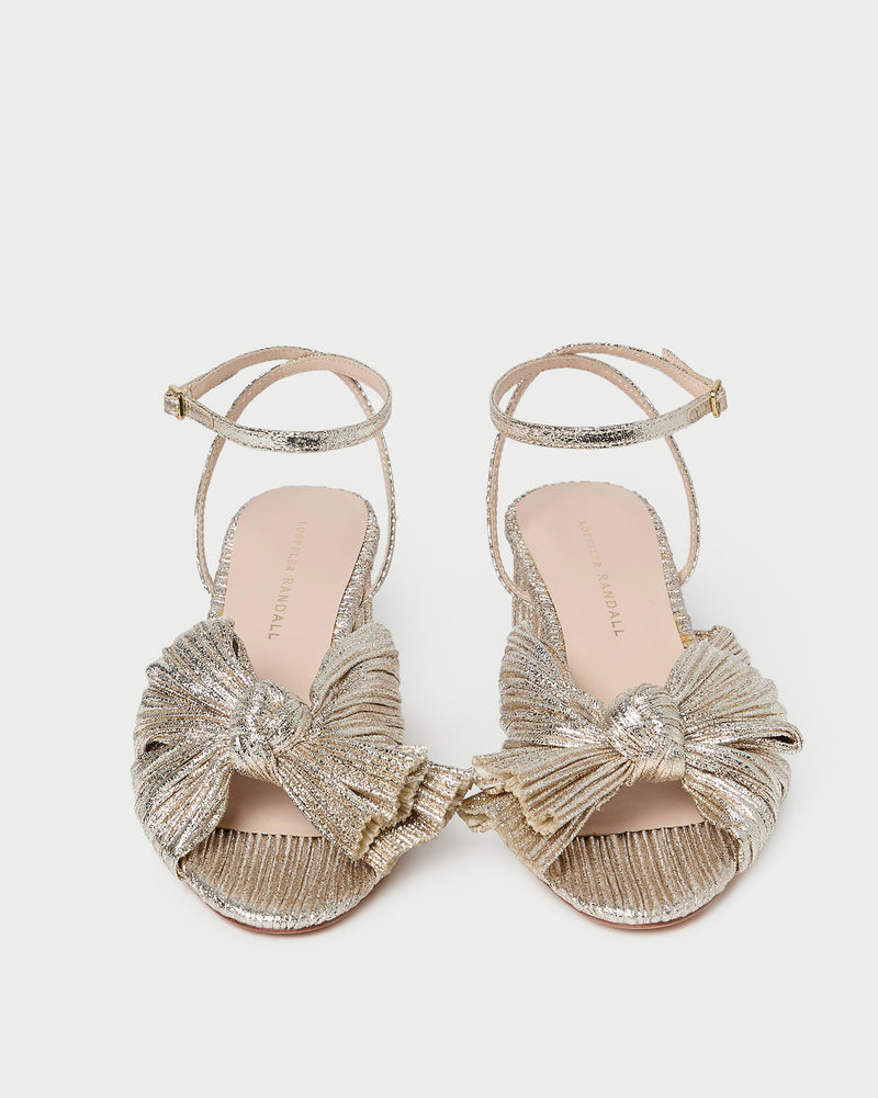 Dahlia Champagne Pleated Bow Heel in champagne Italian lamé.