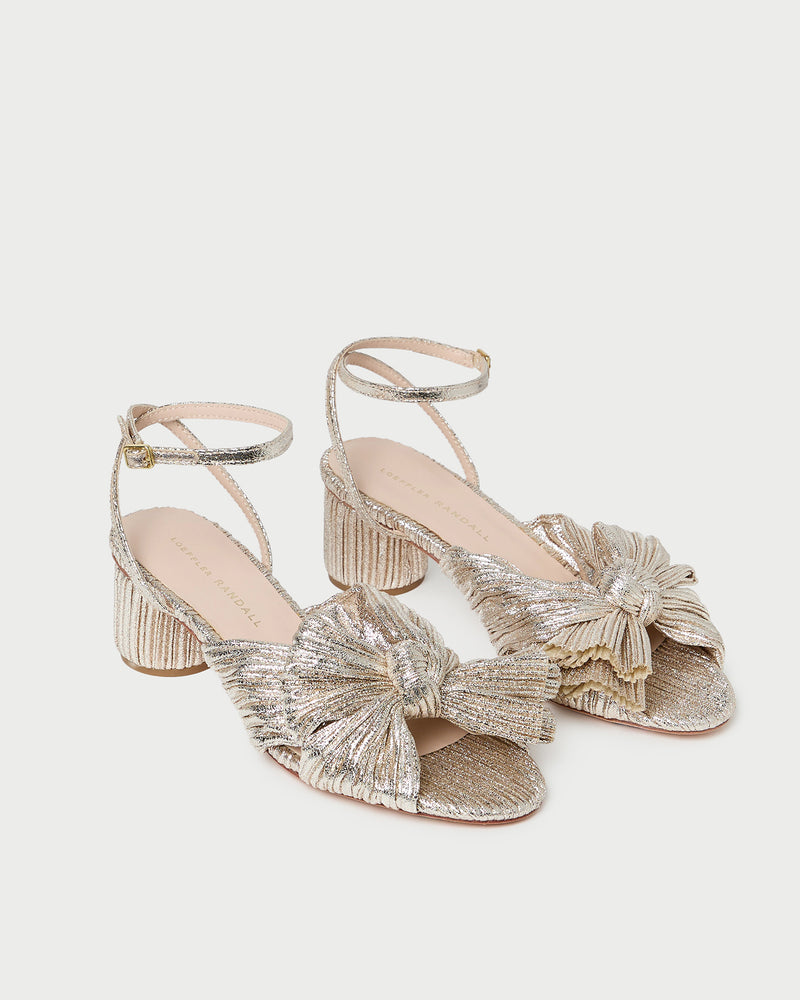 Dahlia Champagne Pleated Bow Heel in champagne Italian lamé.