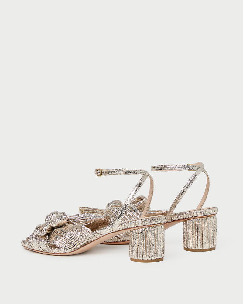 Dahlia Champagne Pleated Bow Heel in champagne Italian lamé.