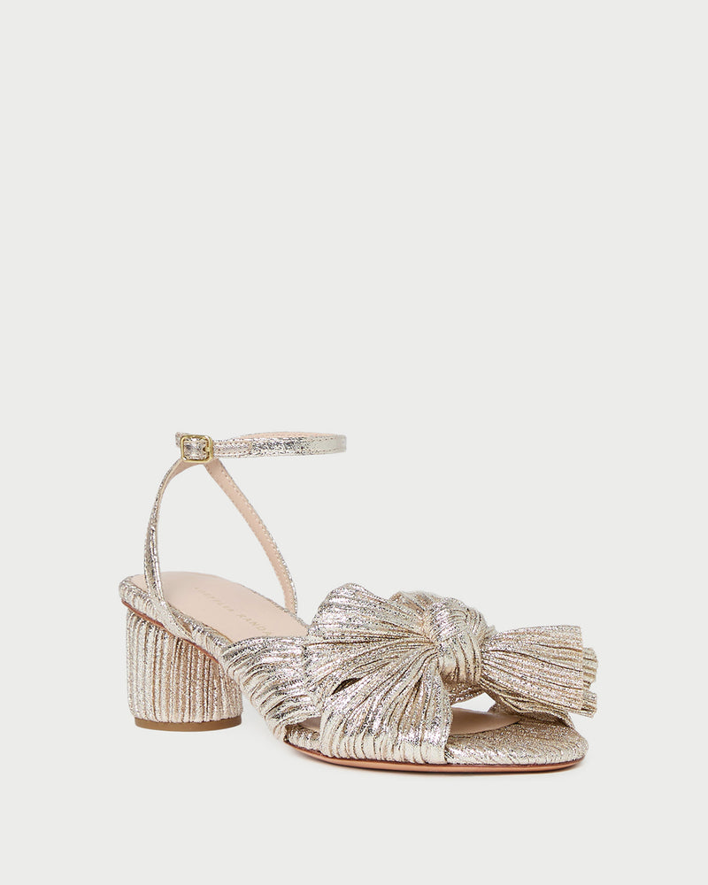 Dahlia Champagne Pleated Bow Heel in champagne Italian lamé.
