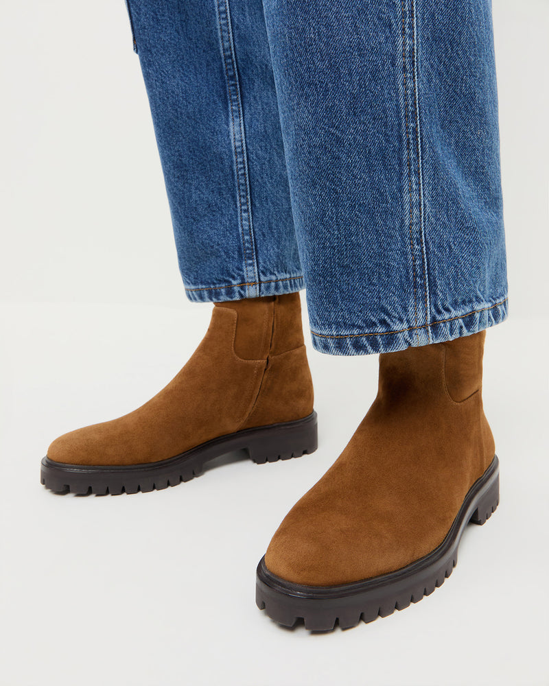 Danny Cacao Suede Lug Boot and Molly Workwear Jean in medium washed blue denim.