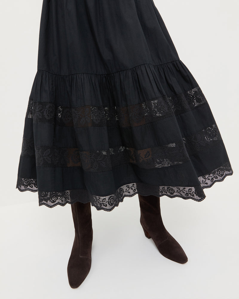 Delaney Skirt in black cotton and Cleo Brown Suede Mid-Calf Boot.