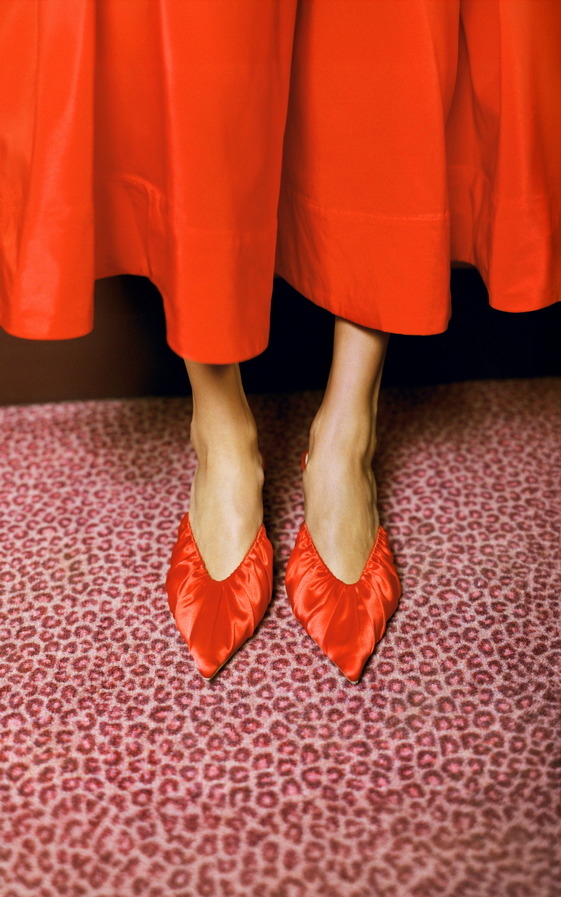Celestina Dress in red tafetta and Inez Red Satin Mid-Heel Mule - Loeffler Randall