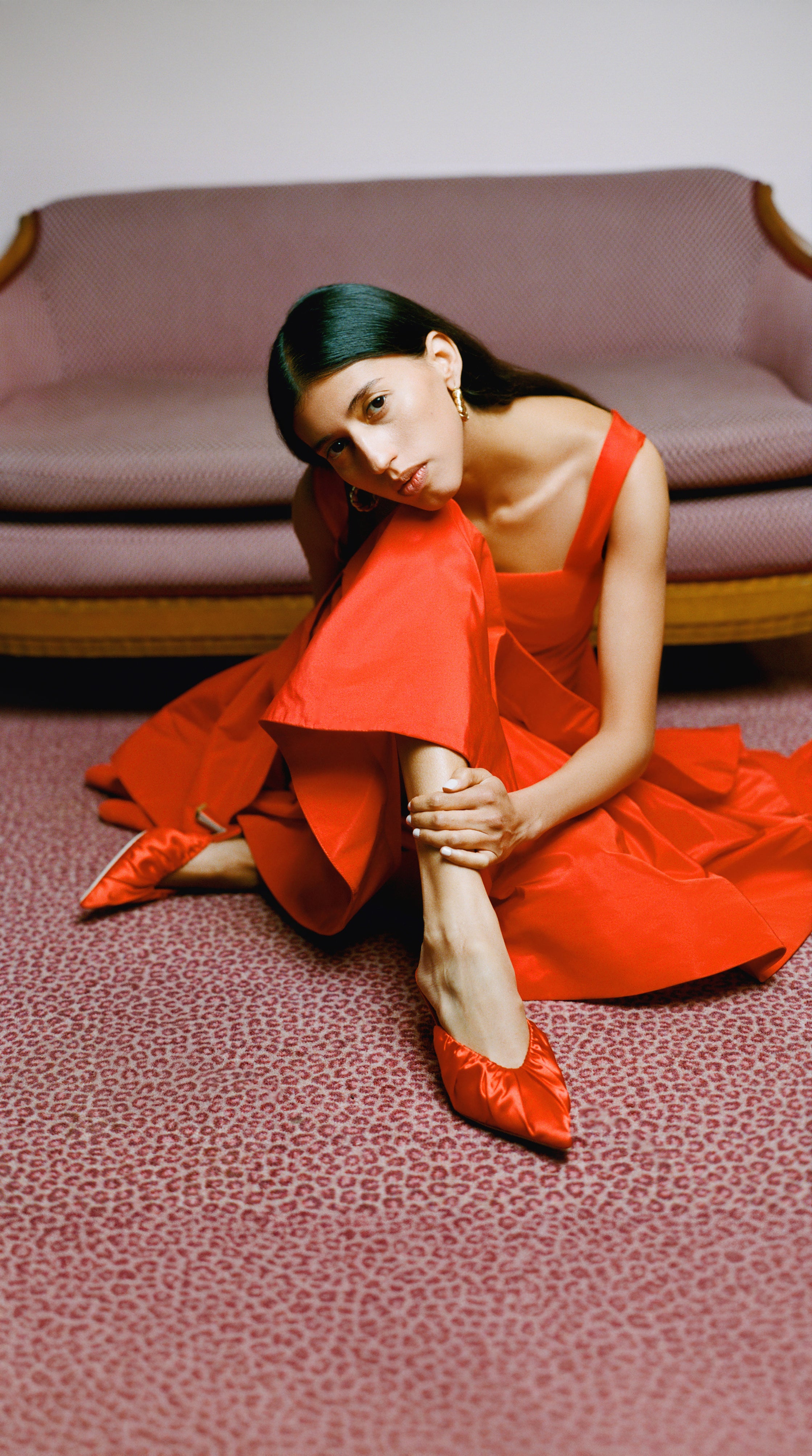 Celestina Dress in red tafetta and Inez Red Satin Mid-Heel Mule - Loeffler Randall