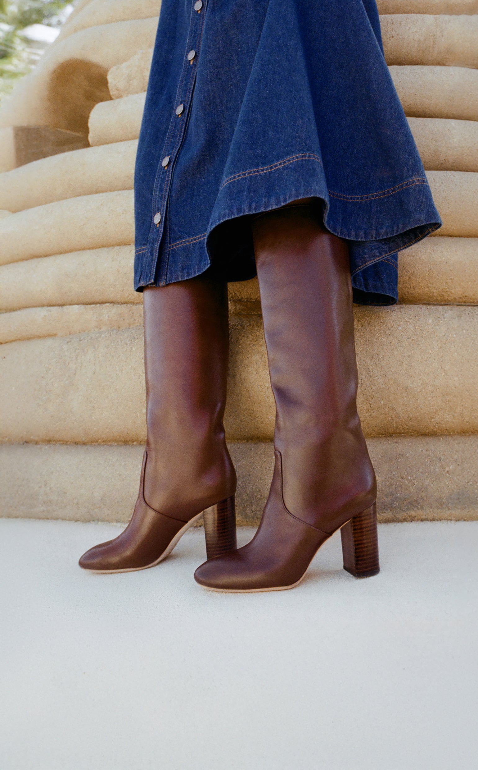 Ruthie Denim Skirt in dark blue denim and Goldy Espresso Leather Tall Boot - Loeffler Randall
