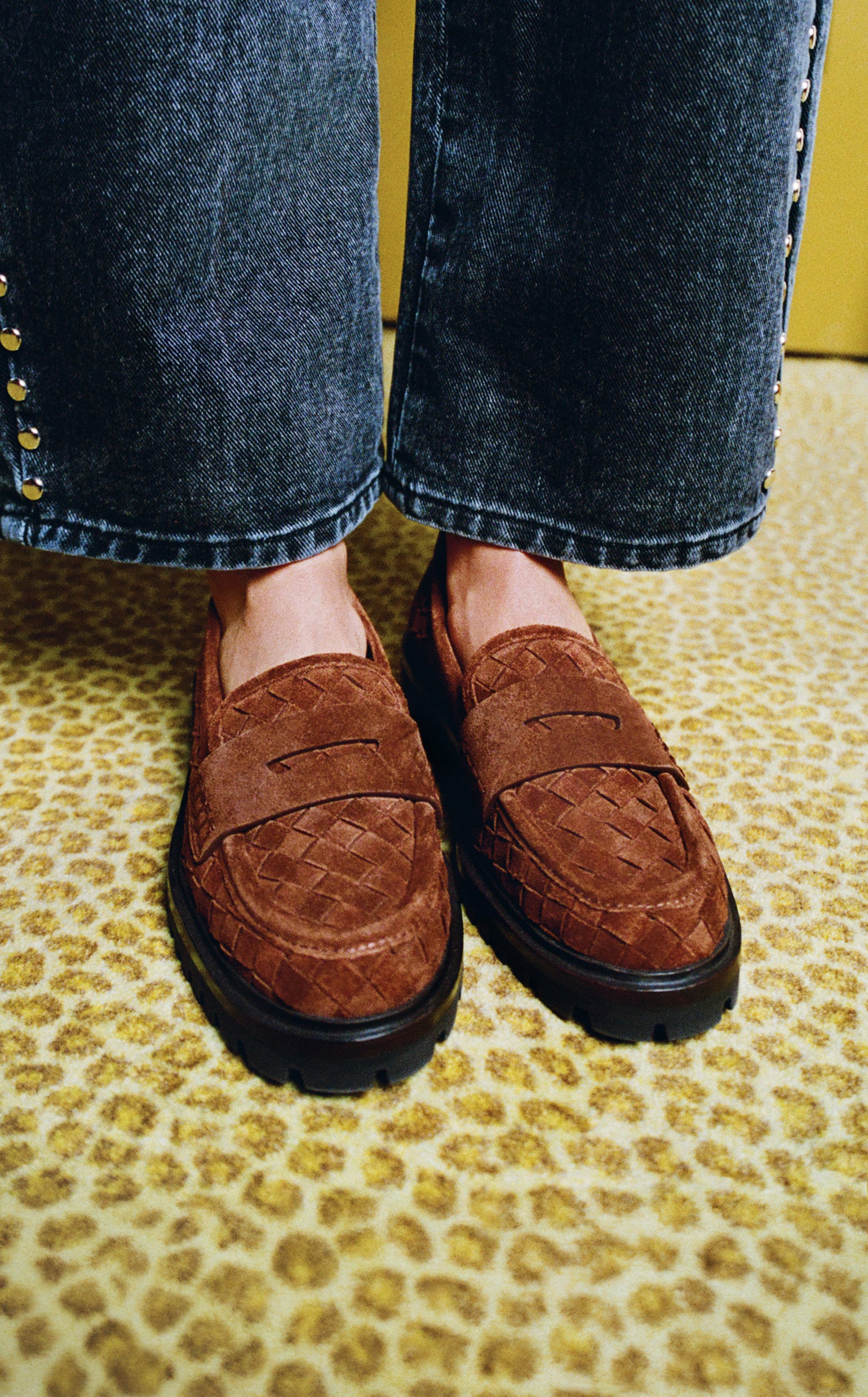 Winona Denim Pant in washed black denim and Rina Espresso Woven Suede Loafer - Loeffler Randall