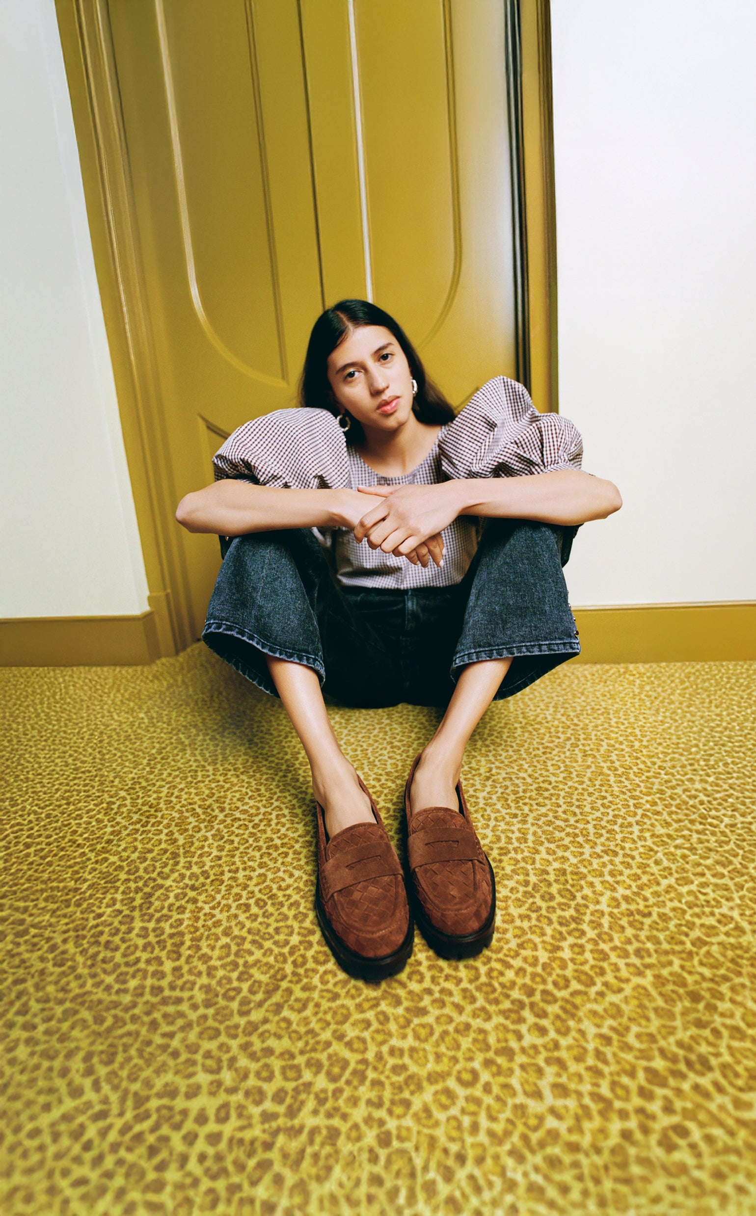 Willy Mini Dress in brown gingham cotton, Winona Denim Pant in washed black denim, and Rina Espresso Woven Suede Loafer - Loeffler Randall