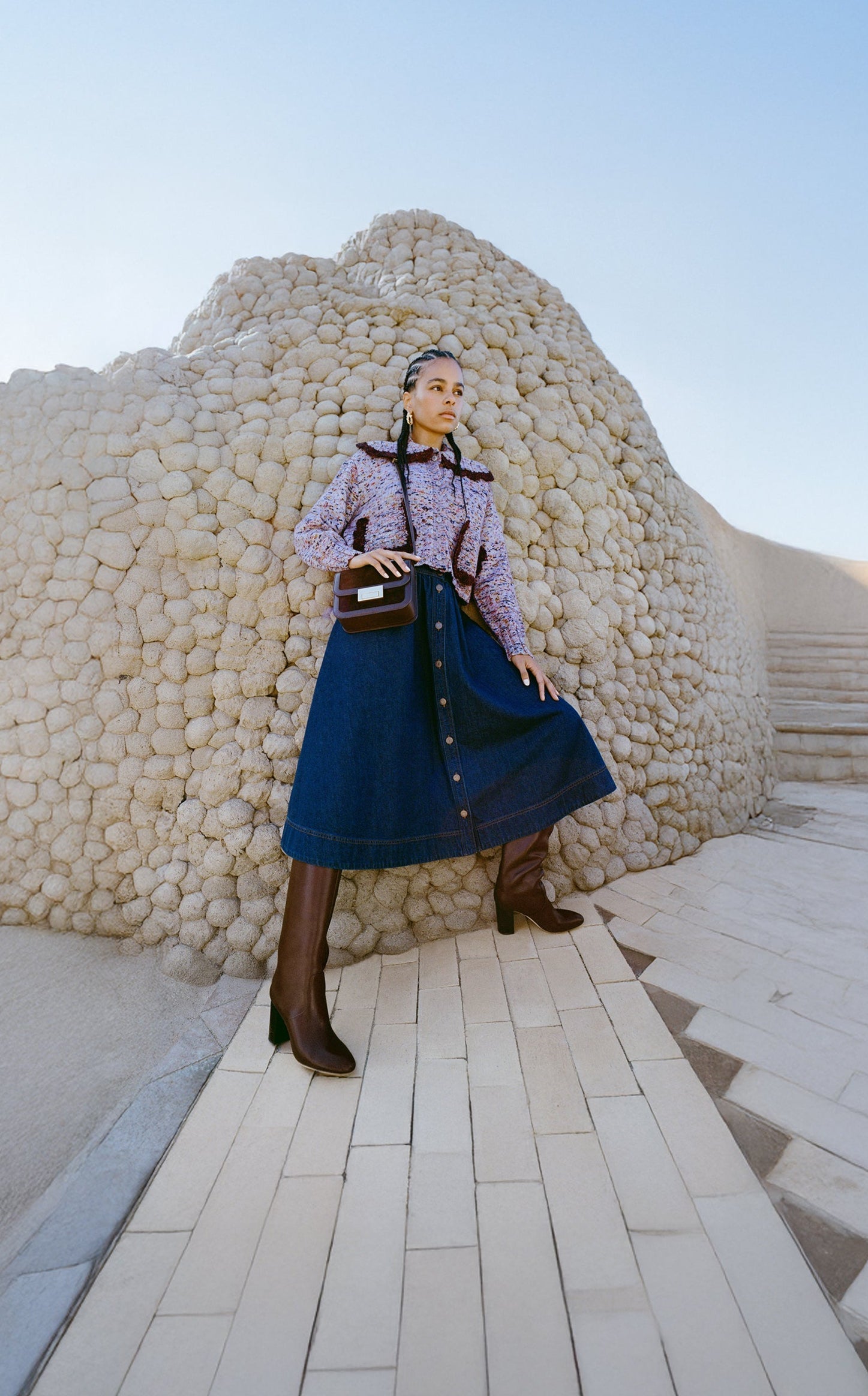 Lo Cardigan in marble maroon wool, Ruthie Denim Skirt in dark blue denim, and Goldy Espresso Leather Tall Boot - Loeffler Randall