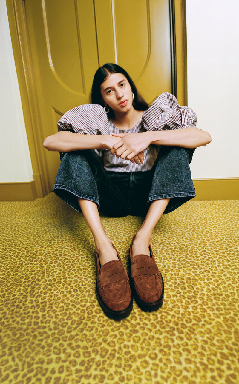 Willy Mini Dress in brown gingham cotton, Winona Denim Pant in washed black denim, and Rina Espresso Woven Suede Loafer - Loeffler Randall