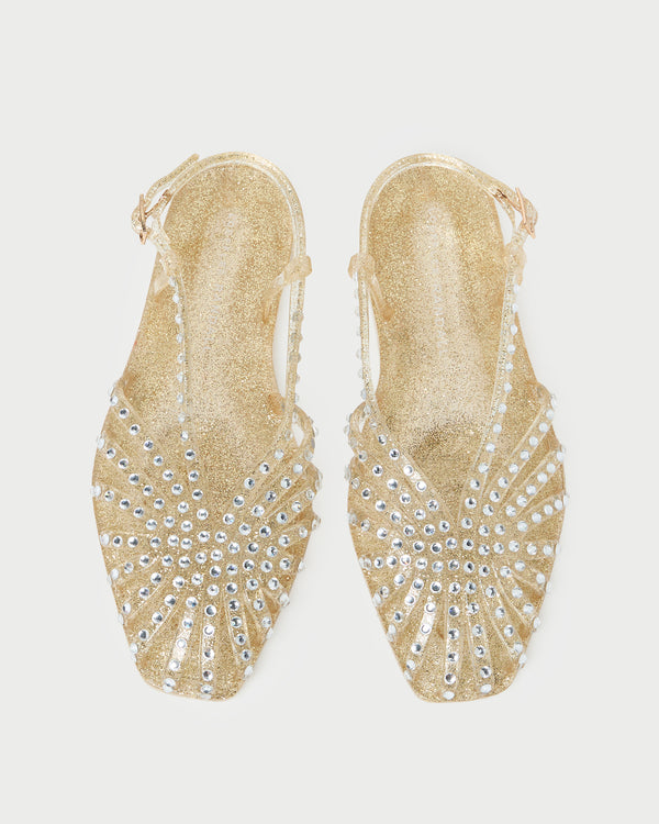 Devon Champagne Jelly Slingback Sandal in champagne jelly with crystal embellishments.