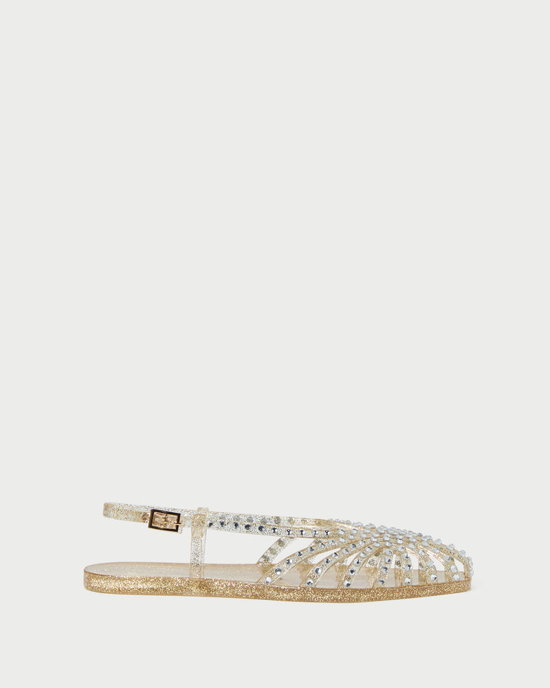 Devon Champagne Jelly Slingback Sandal in champagne jelly with crystal embellishments.