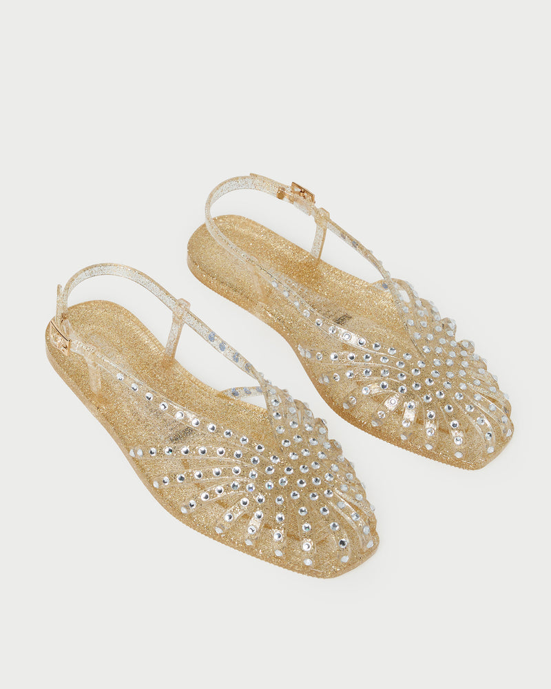 Devon Champagne Jelly Slingback Sandal in champagne jelly with crystal embellishments.