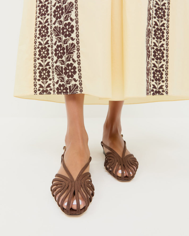 Devon Moiré Slingback Sandal in Chocolate moiré and Lotus Embroidered Dress in cotton butter yellow with brown embroidery.